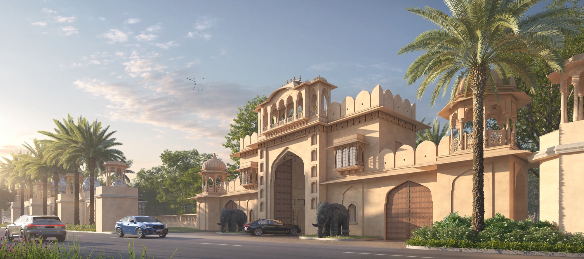 The gated entrance arch at Oscar Palace, with a boundary wall running either side of a single controlled entry point onto the highway.